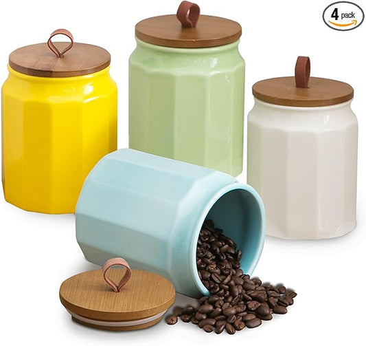 Canister Sets for Kitchen, Set of 4 Ceramic Kitchen Canisters for Countertop with Airtight Wood Lids, Large Flour and Sugar Containers for Coffee, Tea, Spice