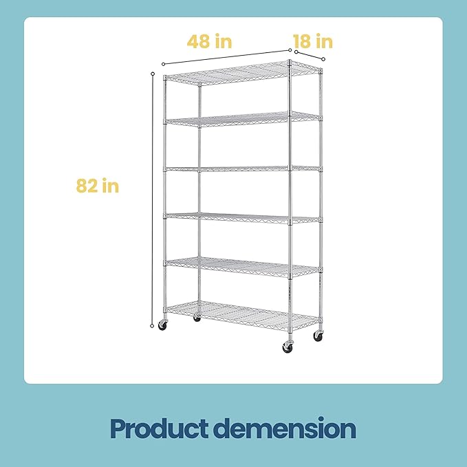 BestOffice | 6-Tier Wire Storage Shelves with Wheels | 18x48x82 | Chrome | Adjustable Racks | Heavy-Duty Metal Shelf, Holds Upto 510 lbs | No-Tool Assembly | Ideal for Home & Garage Shelving