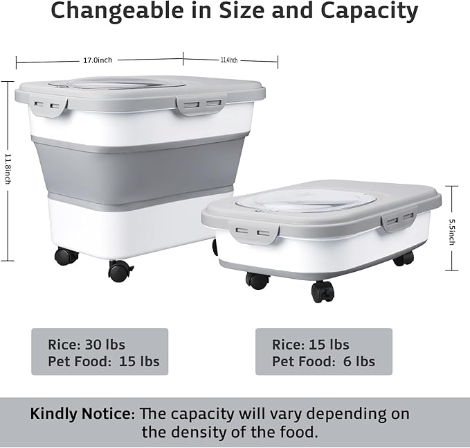 Rice Storage Containers, Collapsible 20 to 30Lbs Food Storage Bin Dispenser with Rolling Wheel and Clear Airtight Lid, BPA Free Flour, Sugar, Cereal and Dog Cat Pet food Containers