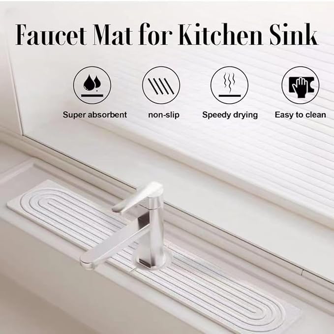 Stone Faucet Mat for Kitchen Sink, 15.7'' Long Absorbent Diatomite Sink Faucet Mat, Quick Drying Faucet Splash Guard for Kitchen,Bathroom Counter, Prevents Moisture, Super Absorbent, White