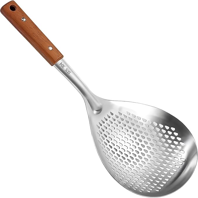 ANMIOU Spider Strainer Colander with Wood Handle, Solid Stainless Steel Kitchen Utensil for Cooking Frying Pasta Drainer