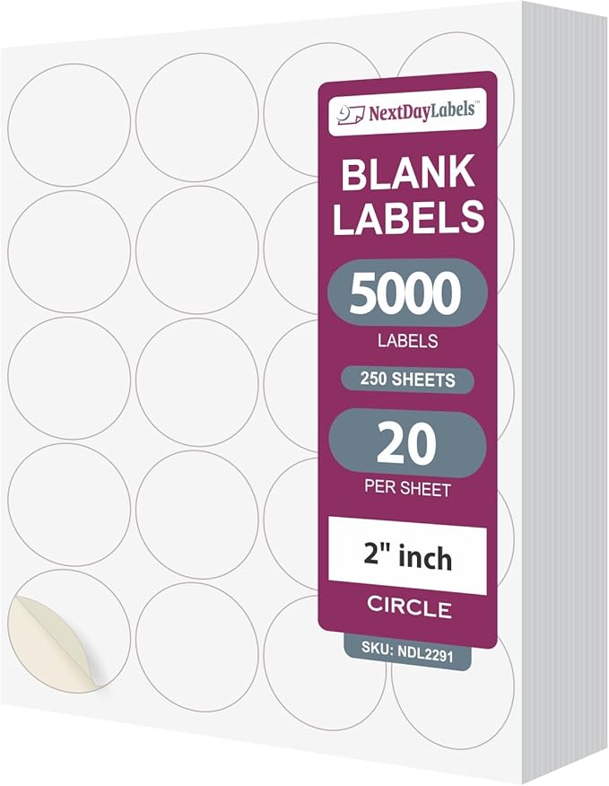 NextDayLabels 2 Inch Round Circle Stickers White Blank Labels for Laser Inkjet Printer - 20 Per Sheet Self-Adhesive Jar Candle Product Packaging Made in USA - 5,000 Labels