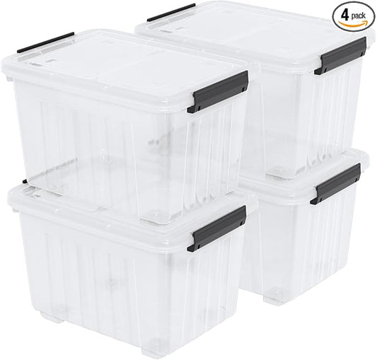 42 L 4 Packs Plastic Storage Box with Latching Lid and Wheels, Clear Storage Container Bins