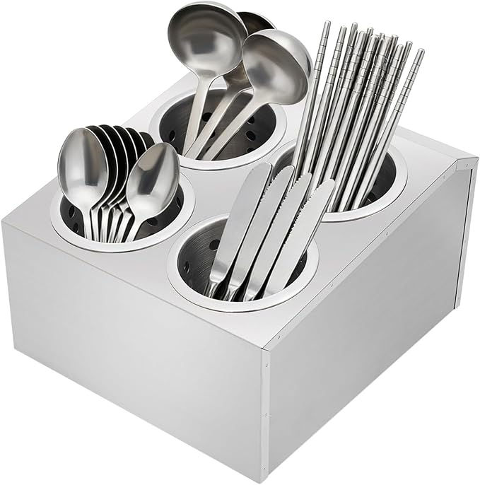 DYNAMI Stainless Steel Kitchen Utensil Holder with 4 Compartments,Commercial Silverware Sorter Silverware Utensil Holder,Perforated Caddy Drying Rack Flatware Organizer Countertop,for Buffets