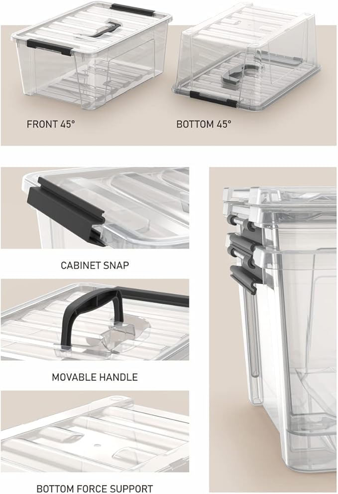 WYT 12 Pack Small 5-Quart Clear Plastic Storage Bins with Lids and Latch Buckles, Storage Organizer Container with Handle