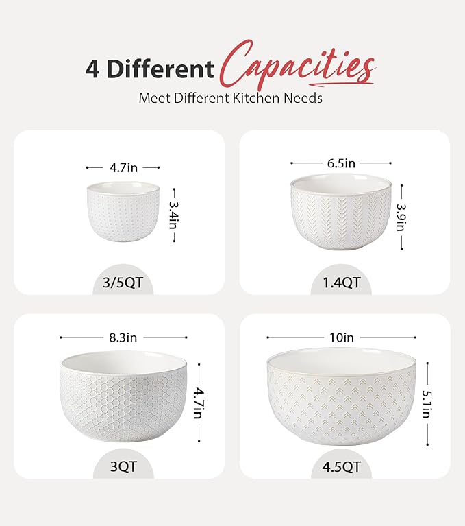 Lareina Ceramic Large Mixing Bowls Set of 4, Nesting Bowls for Cooking, Baking, Salad Etc, Serving Bowls Gift, Kitchen Stoneware, Oven, Microwave and Dishwasher Safe - 20/44/98/145 OZ, Ivory White