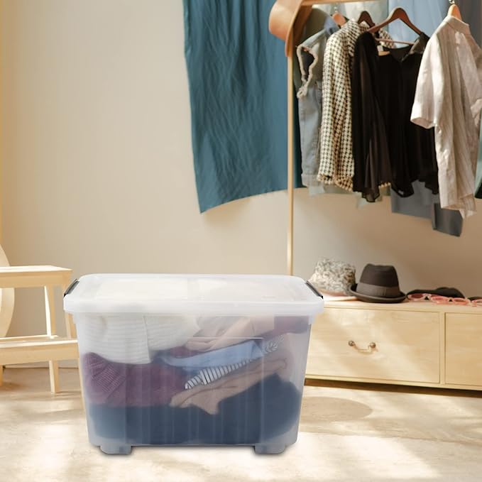 30 L Clear Plastic Storage Bins with Lids, Stackable and Nestable Storage Boxes with Wheels, Large Plastic Storage Containers for Garage, Closet, Kitchen, 4 Packs