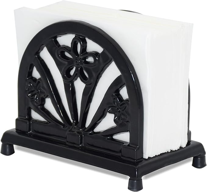 MINLUFUL Napkin Holder for Table, Vintage Cast Iron Paper Napkins Tissue Dispenser with Daffodil Pattern for Kitchen Dining Room Countertop Decor, Black