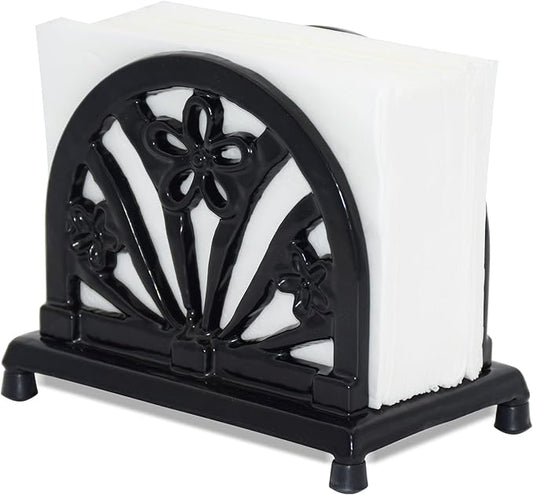 MINLUFUL Napkin Holder for Table, Vintage Cast Iron Paper Napkins Tissue Dispenser with Daffodil Pattern for Kitchen Dining Room Countertop Decor, Black