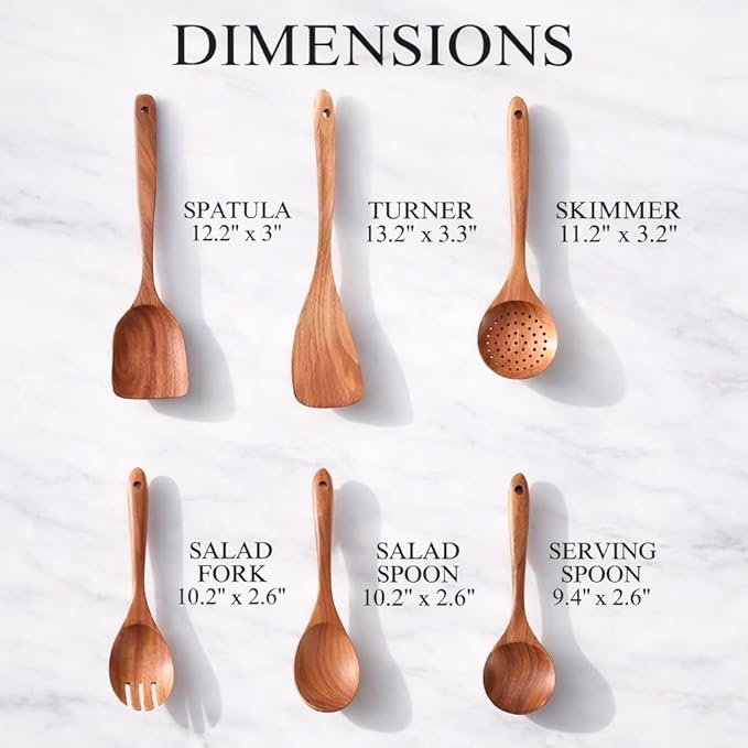 Forestroot 6-Piece Wooden Utensil Set – Premium Teak Wood Cooking Spoons & Spatulas, Non-Stick, Heat-Resistant, Durable & Eco-Friendly Kitchen Tools for Cooking & Serving
