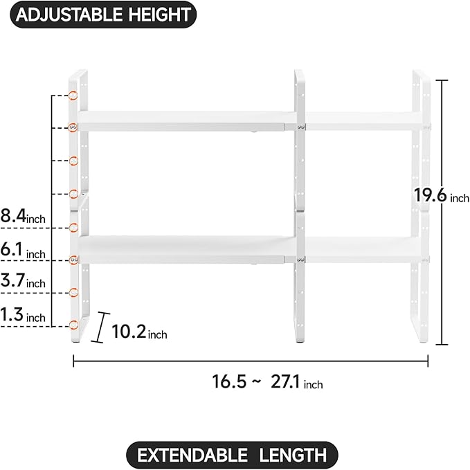 jkxoo 2Pack 16.5-27’’L Expandable Kitchen Shelf Organizer, Stackable Shelves Organizer, Adjustable Height Pantry Spice Rack for Cabinet, Countertop, Pantry and Cupboard, White