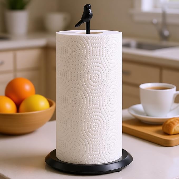 Black Paper Towel Holder Stand for Countertop with Solid Wood Base and Wrought Iron Bird, Rustic Farmhouse Vintage Cottage Core Kitchen Decor, Stable Towel Dispenser with Non-Slip Pad