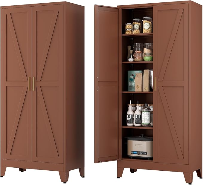 YNIQUESTLE Farmhouse Pantry Cabinet with Barn Doors, 71" H x 31.5" W, 5-Tier Metal Storage Cabinet with 4 Adjustable Shelves for Kitchen Garage Dining Room,Brown