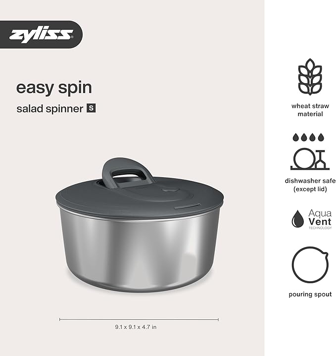 Zyliss Easy Spin Salad Spinner - Fruit & Veggie Dryer - Produce Spinner & Cleaner for Salad Prep - Dishwasher-Safe Kitchen Essential - Non-Slip Bowl with Pull Handle - New Stainless Easy Spin Small
