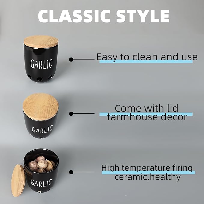 HAOTOP Ceramic Garlic Keeper for Counter, Garlic Saver Container with Wood Lid, Garlic Keeper for Kitchen, Garlic Holder to Keep Your Garlic Cloves Fresh Longer (Black)