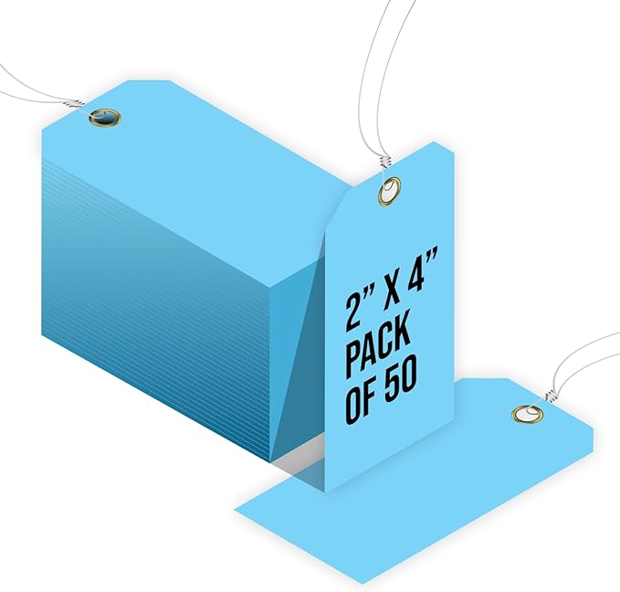 Tags 4 Less 15 Mil Blank Plastic Hang Tags with Attached Wires – 2" x 4" Heavy Duty Waterproof Hanging Labels for Outdoor Tagging, Equipment, Luggage, Valves & More (Light Blue, Pack of 50)