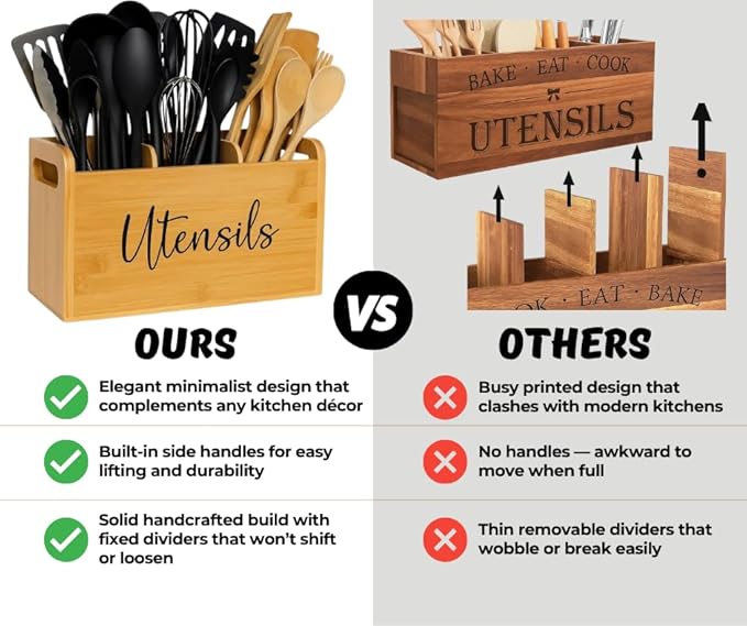 Bamboo Kitchen Utensil Holder for Countertop – Large 3-Compartment Organizer & Caddy with Drain Holes, Farmhouse Utensil Holder for Kitchen Counter, Rustic Wood Storage for Spoons & Spatulas