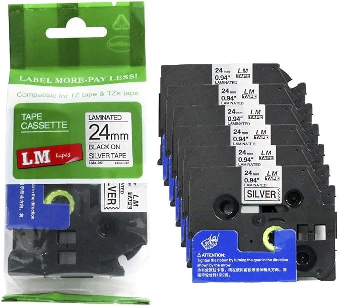 6/Pack LM Tapes - LMe-951 Premium 1" Black Print on Silver Label Compatible with Brother TZe-951 P-Touch and Includes Tape Color/Size Guide. Replaces TZ951 24mm 0.94 Laminated