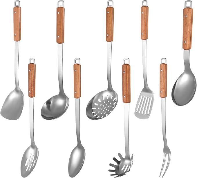 9PCS Stainless Steel Cooking Utensils, Kitchen Cooking Utensils Set with Wooden Hanlde, Including 304 Stainless Steel Spatula, Ladle, and Slotted Spoon, Metal Kitchen Utensils Set