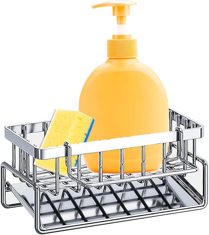 Sponge Holder for Kitchen Sink Caddy: Rustproof Stainless Steel Kitchen Sink Organizer for Sponges Brushes Dish Cloths Scrubbers, Durable Large Storage Draining Rack for Bathroom Counter