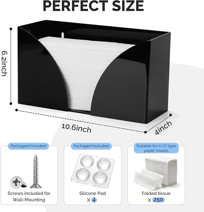 DbleBeaH Paper Towel Dispenser，Black Acrylic Napkin Holder - 10.75x6.5x4 in, Wall-Mount/Under Cabinet Tissue Box Cover, Fits C/Z/Trifold Paper Towels for Home, Kitchen, Bathroom and Commercial Use
