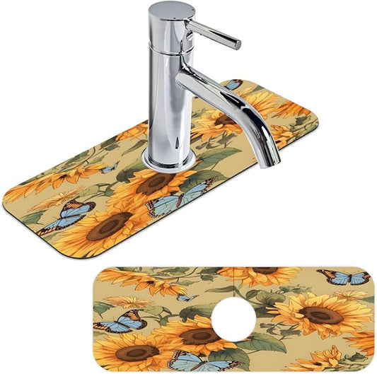 Sunflower Butterfly Pattern Kitchen Faucet Mat Splash Guard, 15.4”x5.7” Absorbent Quick Drying Sink Mat for Countertop Protection, Draining Mat Sink Protectors For Kitchen Bathroom, 2 Pack