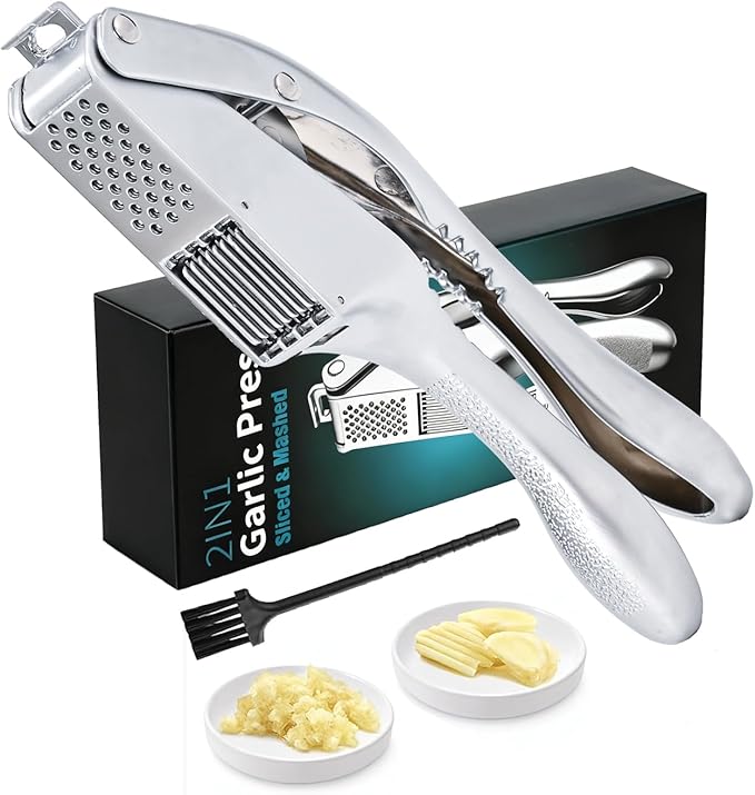 Garlic Press and Slicer 2 in 1, Rust Proof & Dishwasher Safe Professional Garlic Mincer Tool, Effortlessly Crush and Mince Garlic with this Ergonomic Handle-Garlic Slicer & Brush ANCQMI(Pear white)