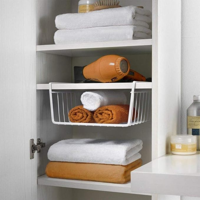 Modern Home Under Shelf Wire Storage Baskets – Hanging Organizer Rack for Cabinet, Pantry, or Closet – White Metal Basket for Kitchen, Towels, or Office – No Tools Required (Set of 4 10.25")