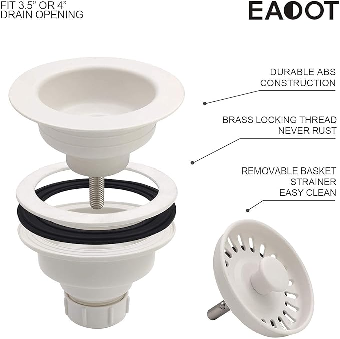 White Polymer Drain Kitchen Sink Drain Assembly with Removable Basket Strainer and Rubber Stopper for 3.5-Inch Drain Openings, Matching Color of Quartz, Granite Sinks
