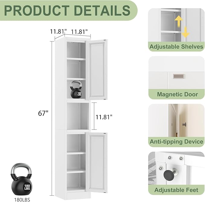 pozdeg 67" Tall Narrow Storage Cabinet Metal Bathroom Cabinet with 2 Doors & 4 Adjustable Shelves, Standing Pantry Cabinets Cupboard for Kitchen, Dining Room, Living Room and Bathroom (White)