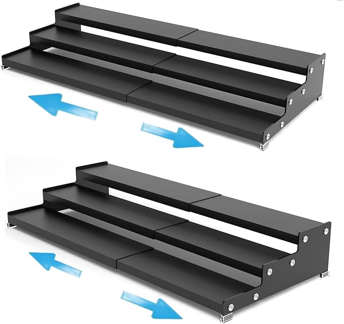 Wobmmi Expandable Spice Rack Storge organizer with 3-Tier step shelf for cabinet,seasoning racks organizion.Great for Kitchen countertop shelves,Pantry and more(2packs/Black)