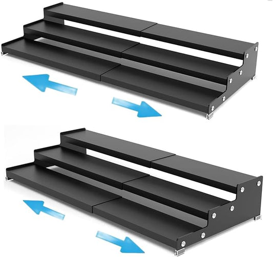 Wobmmi Expandable Spice Rack Storge organizer with 3-Tier step shelf for cabinet,seasoning racks organizion.Great for Kitchen countertop shelves,Pantry and more(2packs/Black)