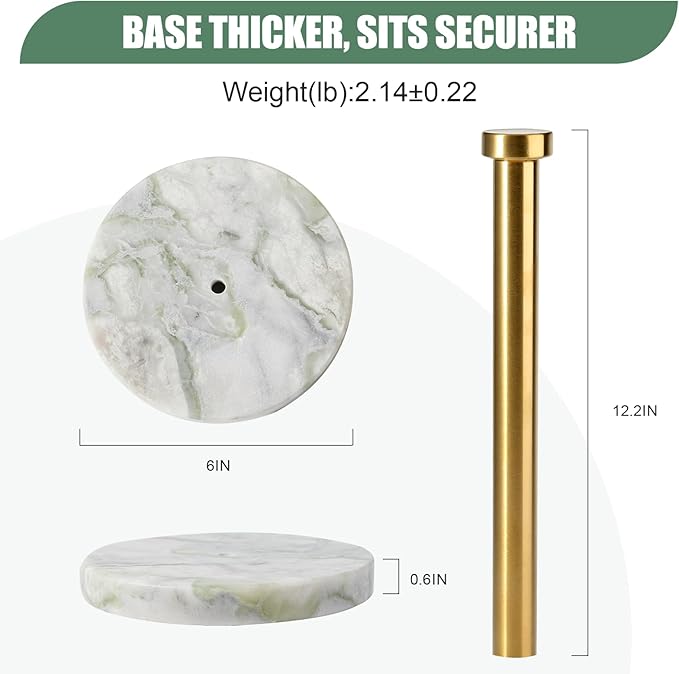 Koville Genuine Marble Paper Towel Holder Countertop, 6" Stone Base Gold Rod Paper Towel Holder Stand for Kitchen Storage, for Standard or Jumbo-Sized Rolls
