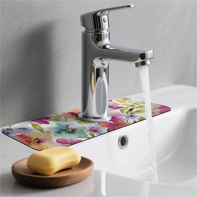 Kitchen Sink Splash Guard，Bright soft flowers Faucet Mat Sink Gadgets-Super Absorbent Fast Drying Mat Drip Catcher for Kitchen, Bathroom,Sink Mat, Dish Drying Mat, Bathroom(15" X 5.5" )