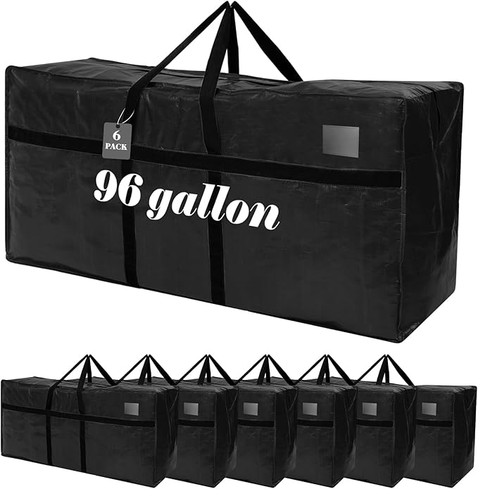 6 Pcs 96 Gallon Extra Large Moving Bags Heavy Duty Storage Bag with Strong Zipper Handle Foldable XXL Jumbo Storage Tote Packing Moving Box for College Dorm Travel Cloth Duffle (Black)