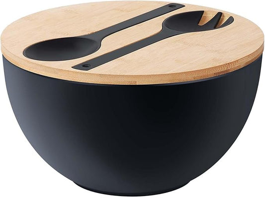 ECOHAGOU 12.6" Extra Large Salad Serving Bowl Set with Wooden Lid&Utensils, 8.4Qt., Bamboo Fiber Salad Bowl with Servers for Kitchen, Big Bowl for Mixing Salad,Fruit,Pasta (Matte Black)