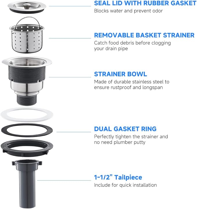 POPFLY 3-1/2 Inch Sink Drain Assembly Brushed 304 Stainless Steel Removable Deep Strainer Basket, Rust-Proof & Easy Install with Sealing Lid＆Tailpiece, for Home/Bathroom/Commercial Sinks