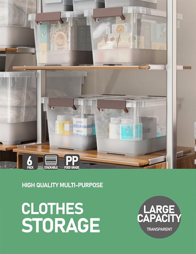 WYT 6 Pack 17qt Clear Plastic Storage Bin with Lid and Latching Buckles, Stackable Tote Organizing Box with Handle