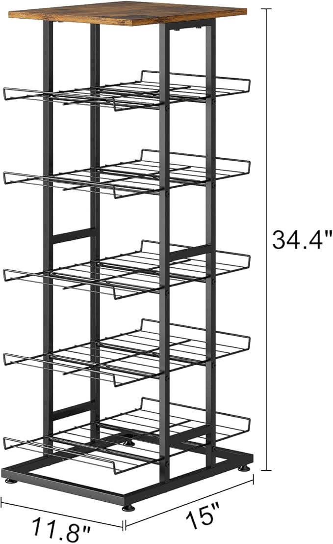 GILLAS 3 5 6 7 8 Tier Water Bottle Storage with Wooden Tabletop,Metal Beverage Can Rack,Large Capacity Bottled Rack Water Bottle Holder Stand for Cabinet,Countertop Kitchen,Party,Black
