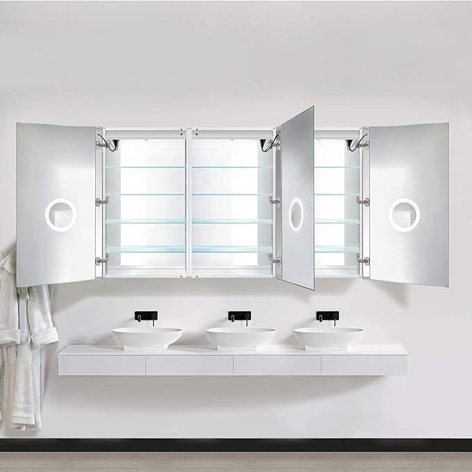 Krugg LED Medicine Cabinet 72 Inch X 42 Inch | Recessed or Surface Mount Mirror Cabinet w/Dimmer & Defogger + 3X Makeup Mirror Inside & Outlet + USB (72 x 42 Left Right Right)