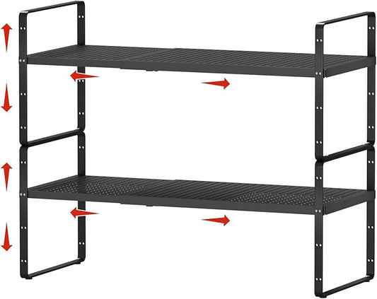 jkxoo 2Pack Expandable Cabinet Shelf Organizers, Stackable Metal Shelves Extender for Kitchen Countertop Storage, Adjustable Spices Shelves Rack Stand for Cupboard Pantry, Black