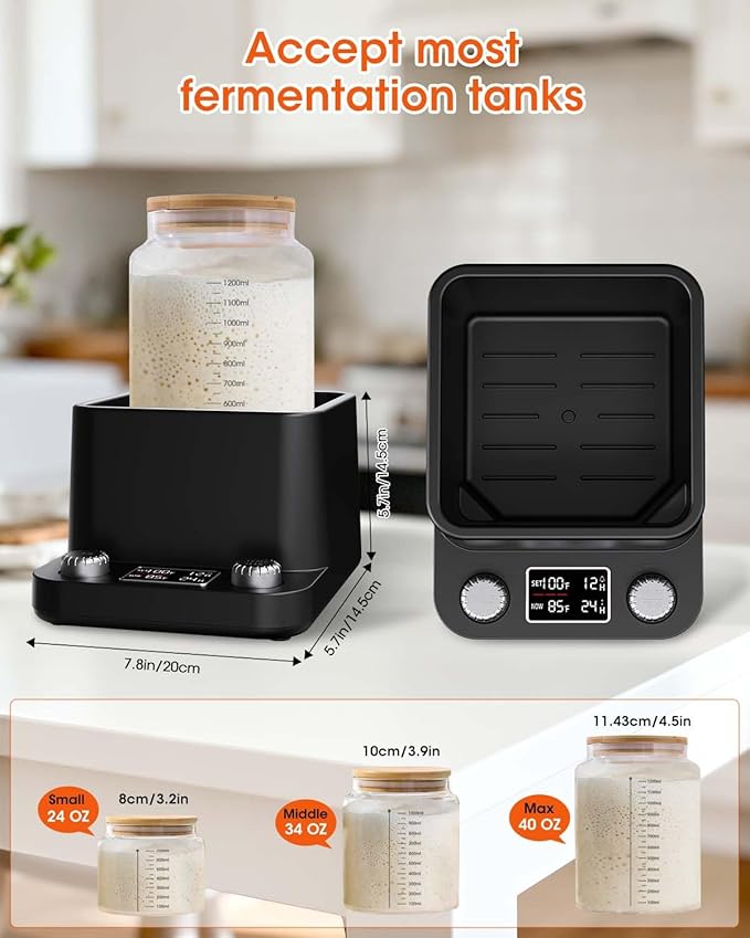 Sourdough Starter Warmer - Precise 1°F MYMULIKE Water Bath Warming, Thermostat Control (70-104°F), Even Heating, 198H Timer, Fits Bottles Up to 50 Oz - Ideal for Yeast Cultivation & Home Baking