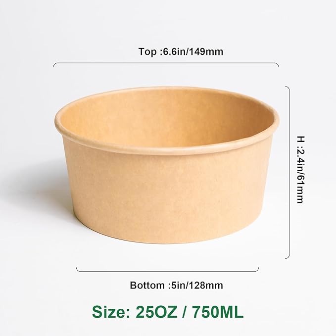 ganfaner 88 Pk 25 oz Disposable Kraft Paper Round Bowls【No Lid】, Microwave Deli Containers Leakproof, Salad Dressing Container for Lunch, Sturdy for Soup Toppings Snack Camping Family