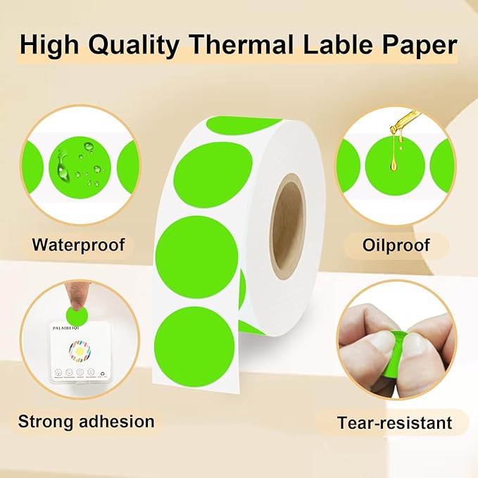 1 Inch Round Thermal Sticker Labels,Color Dot Stickers,Label Stickers,Waterproof,Oil Proof,for Thermal Printers,DIY,Office,Retail,Home and Warehouse Organization(Light Green,1000 Pcs)