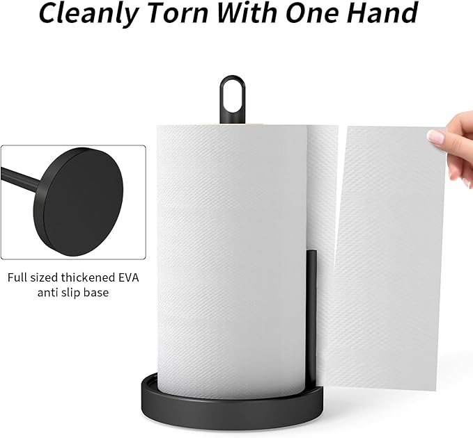Paper Towel Holder Countertop, Black Paper Towel Stand with Portable Design and Weighted Base, Stainless Steel Heavry Duty Paper Towel Roll Holder for Kitchen Bathroom