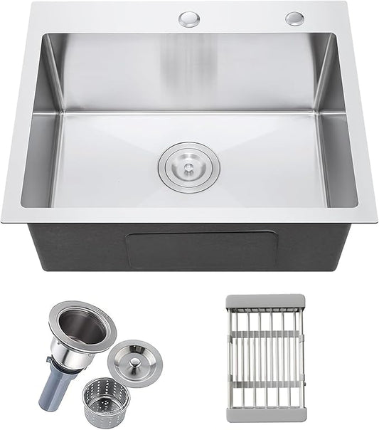 25" x 22" Drop-In Kitchen Sink, Single Bowl Topmount with Nano Coating & Workstation Design, Stainless Steel with Enhanced Durability