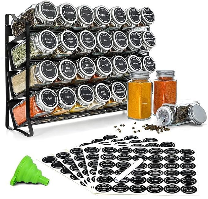 TOSCARA Spice Jar Rack Organizer for Cabinet! 28 Glass Jars with Black Lids! 4 Tier Seasoning Storage Shelf with 180 Labels, Funnel & Screws! Spices Organiser for Kitchen Countertop, Pantry, Cupboard