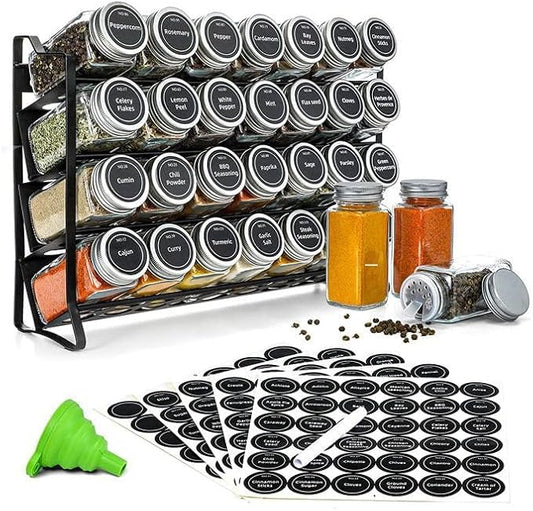 TOSCARA Spice Jar Rack Organizer for Cabinet! 28 Glass Jars with Black Lids! 4 Tier Seasoning Storage Shelf with 180 Labels, Funnel & Screws! Spices Organiser for Kitchen Countertop, Pantry, Cupboard