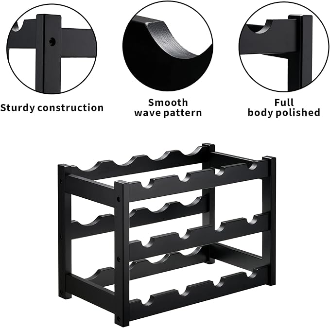 VASMIA Bamboo Wine Rack, Sturdy and Durable Wine Storage Cabinet Shelf, Wine Racks Countertop for Pantry,Kitchen,3-Tier 12 Bottles Wine Rack Black