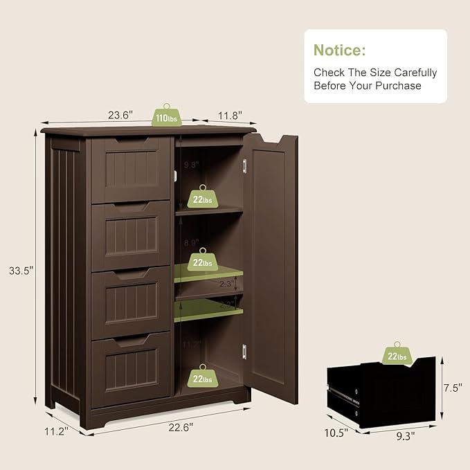 Gizoon Small Kitchen Pantry with Door and Shelves, 33'' Pantry Storage Cabinet Freestanding Wooden Bathroom Storage Cabinet with 4 Drawers for Kitchen and Dining Room, Dark Brown